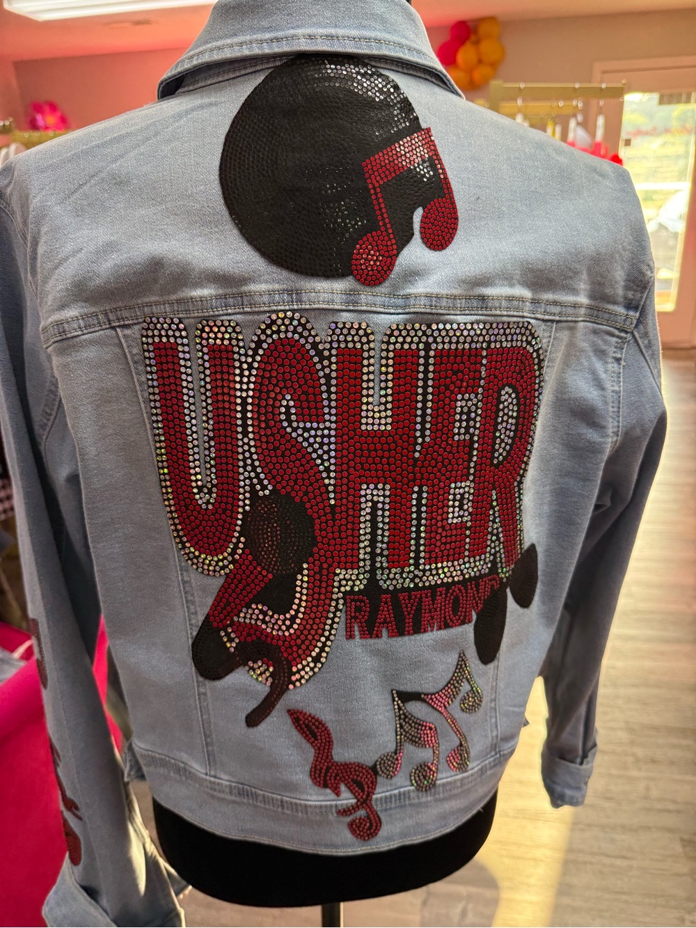 New Usher Raymond Embellished Denim Jacket - Red & Black Music Motif